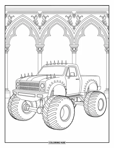Målarbild med monstertruck för vuxna: En gotisk monstertruck med smiddesjärnsdetaljer och slingrande rankor står nära höga valvbågar
