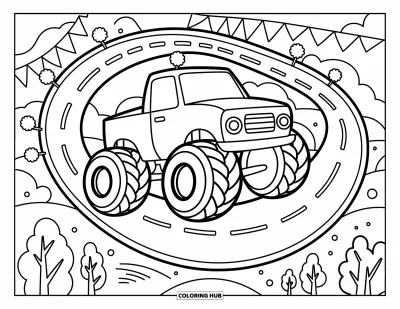 Målarbild med monstertruck för vuxna: En glad monstertruck med överdimensionerade däck följer en slingrande väg genom böljande kullar och träd