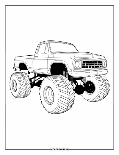 Målarbild med monstertruck för vuxna: En högdetaljerad monsterbilsritning med rena konturer, mekaniska delar och precisa ingenjörsdetaljer