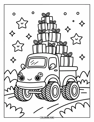 Målarbild med monstertruck för vuxna: En kawaii-monstertruck bär försiktigt en stapel små, vingliga paket genom en magisk scen