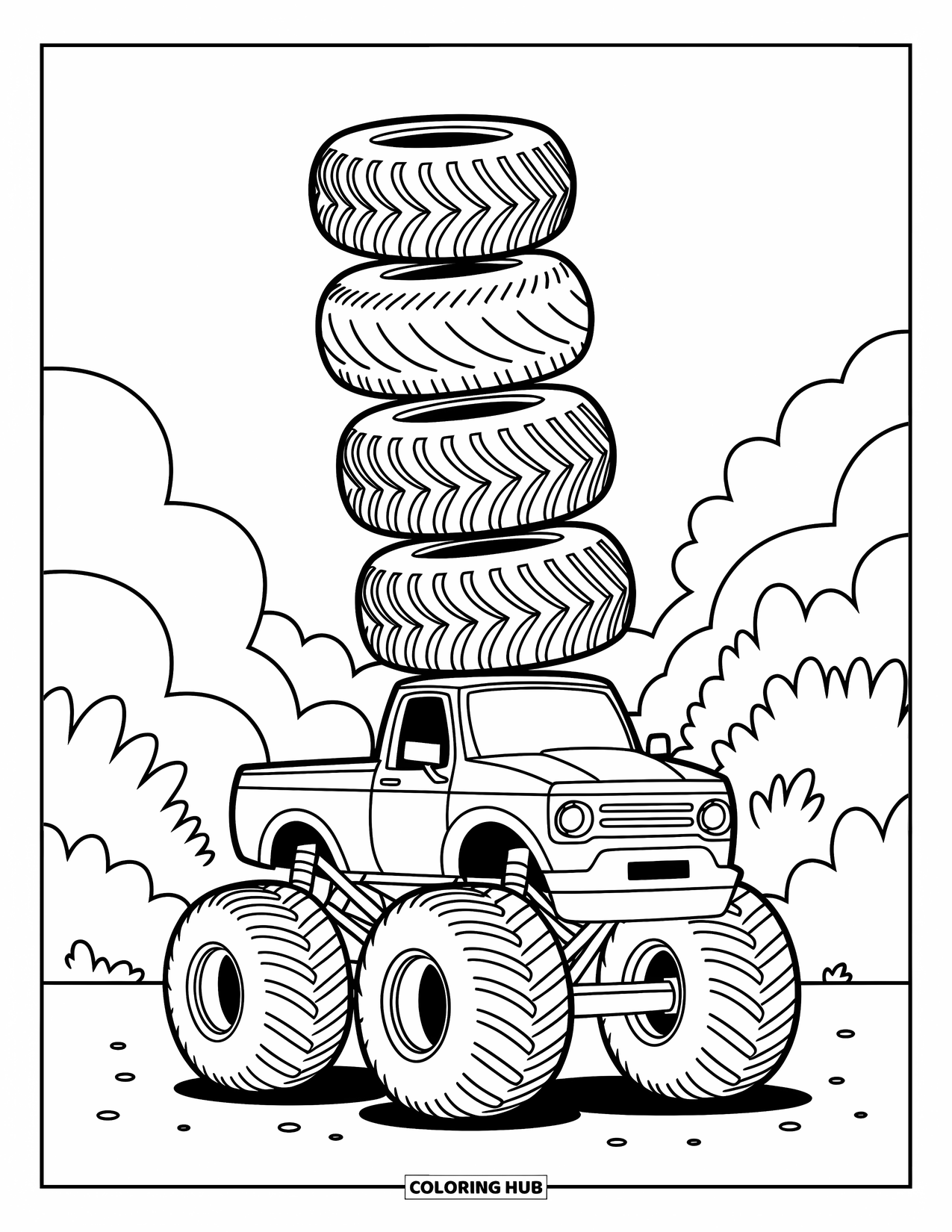 Desenho de caminhão monstro para colorir para adultos: Um caminhão monstro kawaii empilha cuidadosamente uma torre de pneus macios em um divertido ato de equilíbrio