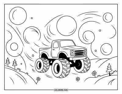Målarbild med monstertruck för vuxna: En kawaii-monstertruck lutar sina hjul när den driver genom överdimensionerade svävande bubblor