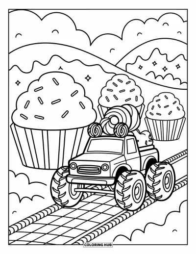 Målarbild med monstertruck för vuxna: En kawaii-monstertruck susar förbi jättecupcakes mot en målgång av polkagrisar