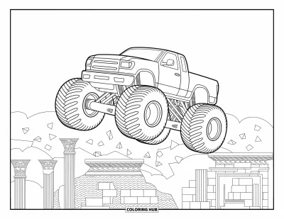 Målarbild med monstertruck för vuxna: En massiv monstertruck dominerar en antik plats medan däcken rullar över intrikata stengravyrer