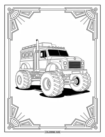 Målarbild med monstertruck för vuxna: En mekanisk monstertruck med ångrör och kugghjul rullar genom en viktorianskt inspirerad industriell miljö