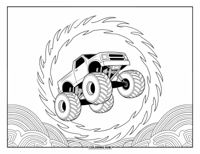 Målarbild med monstertruck för vuxna: En monstertruck stormar genom en eldring medan lågor vrider sig och slickar i intrikata mönster