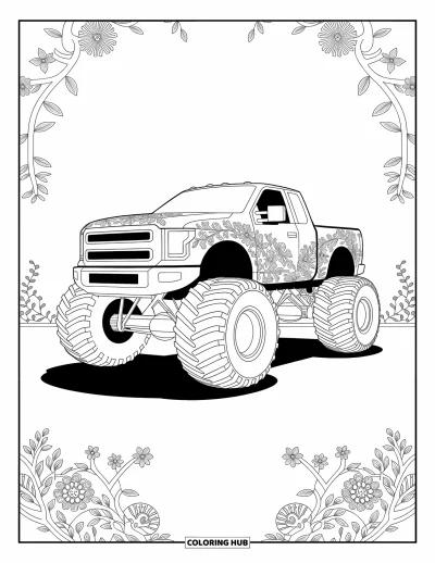 Målarbild med monstertruck för vuxna: En monstertruck täckt av fina blom- och rankgraveringar sticker ut mot en detaljrik konstnärlig bakgrund