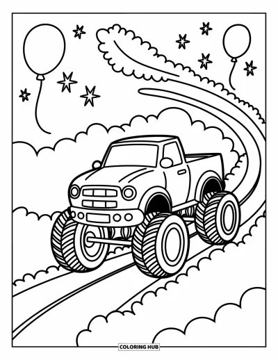 Målarbild med monstertruck för vuxna: En monstertruck glider längs en fluffig molnväg och lämnar mjuka, virvlande rökpuffar efter sig