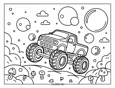 Målarbild med monstertruck för vuxna: En monstertruck driver genom ett underland av svävande bubblor, omgiven av små svampar och moln