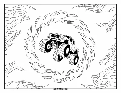 Målarbild med monstertruck för vuxna: En monstertruck flyger genom en eldring med lågor som slickar runt de svävande däcken