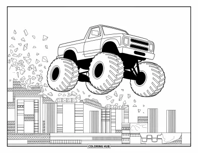 Målarbild med monstertruck för vuxna: En monstertruck kör över murkna ruiner medan hjulen virvlar upp damm och arkitekturfragment