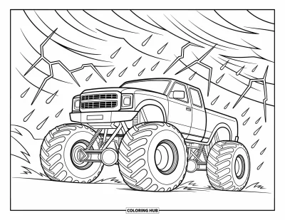 Målarbild med monstertruck för vuxna: En monstertruck ryker fram genom en våldsam åskstorm omgiven av virvlande vindar och knakande blixtar