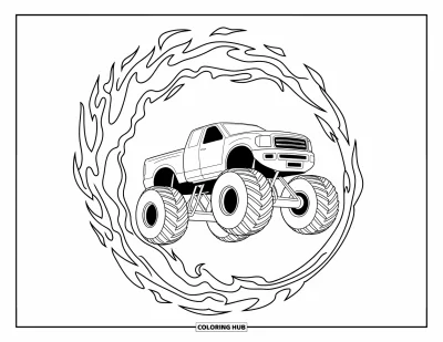 Målarbild med monstertruck för vuxna: En monstertruck svävar i luften och kraschar genom en brinnande eldring med virvlande lågor