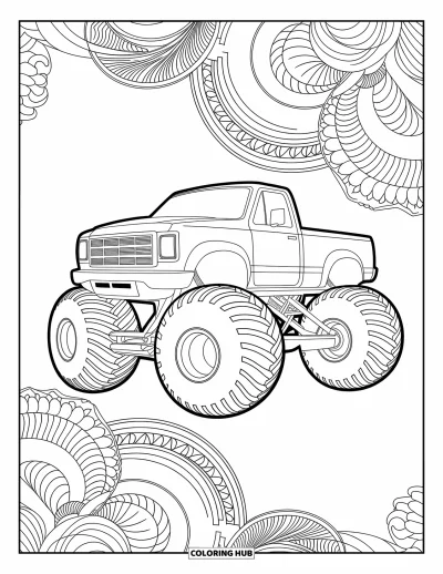 Målarbild med monstertruck för vuxna: En monstertruck omgiven av virvlande mandalamönster blandar djärv design med invecklade konstnärliga element