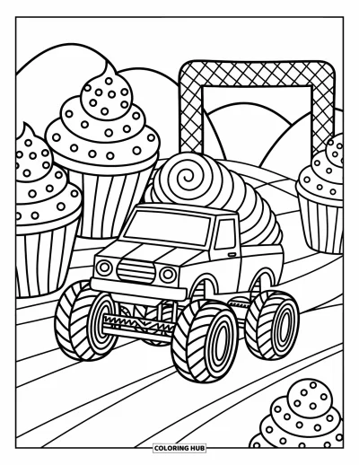 Målarbild med monstertruck för vuxna: En monstertruck med virvelformat tak rusar förbi cupcakehinder mot en fantasifull målgång