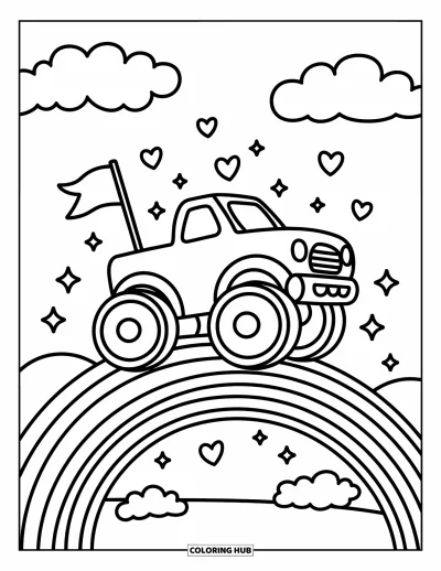 Målarbild med monstertruck för vuxna: En monstertruck med liten flagga hoppar över en regnbågsbro och lämnar ett spår av glitter