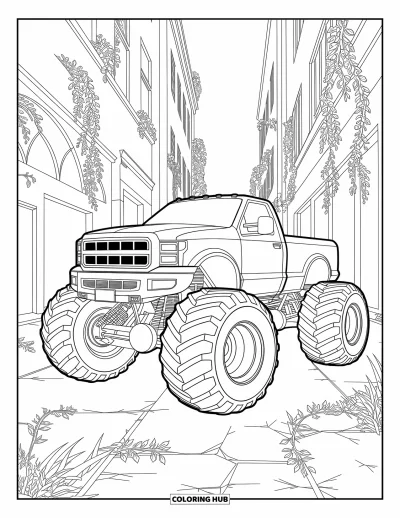 Målarbild med monstertruck för vuxna: En monstertruck med massiva däck parkerar i en murknad stad medan naturen återtar de urbana ruinerna
