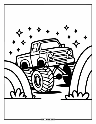 Målarbild med monstertruck för vuxna: En monstertruck med överdimensionerade hjul gömmer sig bakom böljande kullar i en lekfull tittut-lek