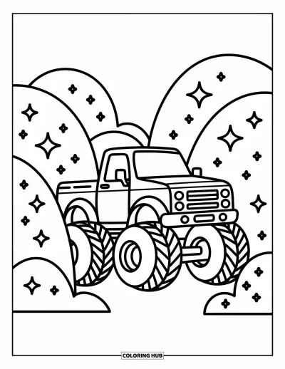 Målarbild med monstertruck för vuxna: En monstertruck med överdimensionerade hjul gömmer sig bakom rundade kullar med glitter som ger en fantasifull känsla