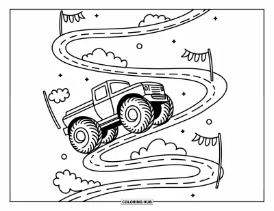 Målarbild med monstertruck för vuxna: En monstertruck med stadiga hjul slingrar sig längs en spiralväg med små vimplar och svävande puffar