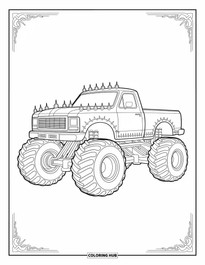 Målarbild med monstertruck för vuxna: En monstruös gotisk truck med slottsliknande detaljer och vassa accenter tronar i en kuslig, dekorerad scen