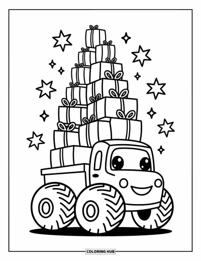 Målarbild med monstertruck för vuxna: En lekfull monstertruck balanserar ett torn av små paket på taket medan stjärnor svävar runt