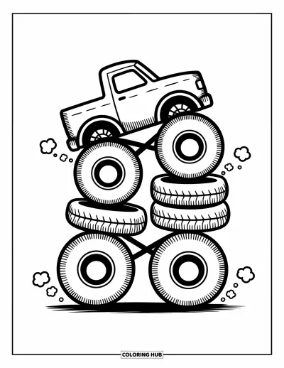 Målarbild med monstertruck för vuxna: En lekfull monstertruck balanserar staplade däck medan små dammpuffar ger rörelse åt scenen