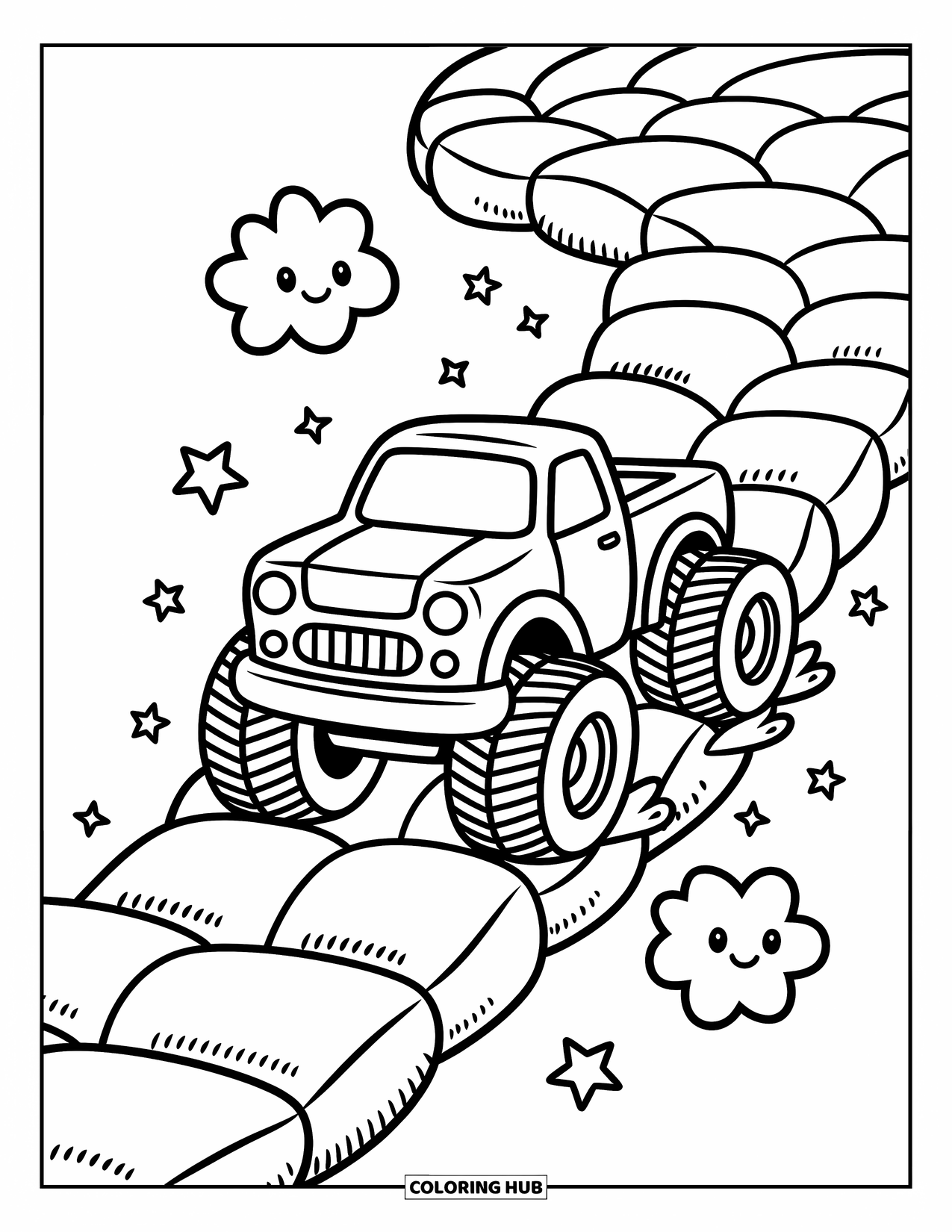 Desenho de caminhão monstro para colorir para adultos: Um caminhão monstro divertido rola sobre uma pista de marshmallow macia, com estrelas e nuvens de poeira girando ao redor