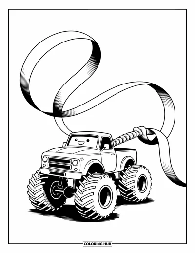 Målarbild med monstertruck för vuxna: En lekfull monstertruck drar i ett jätteband i en fantasifull dragkamp