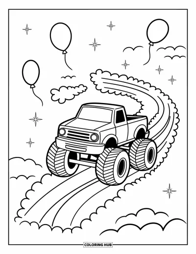 Målarbild med monstertruck för vuxna: En lekfull monstertruck svänger på en molnväg med små stjärnor och ballonger på himlen