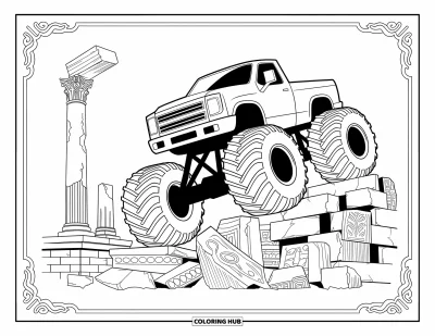 Målarbild med monstertruck för vuxna: En kraftfull monstertruck klättrar över antika ruiner och sprider fragment av intrikat huggen sten