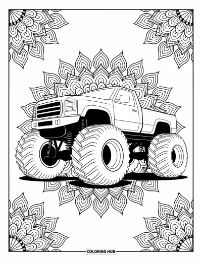 Målarbild med monstertruck för vuxna: En kraftfull monstertruck träder fram ur detaljerade mandaladesigner som kombinerar djärva konturer med intrikata virvlar