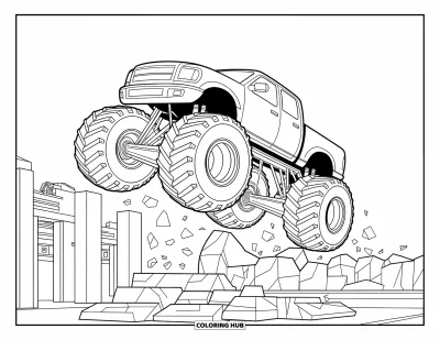 Målarbild med monstertruck för vuxna: En robust monstertruck krossar antika ruiner under sina massiva däck och slungar upp huggna stenfragment