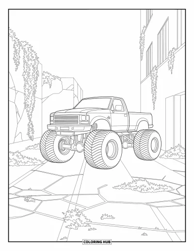 Målarbild med monstertruck för vuxna: En robust monstertruck sitter bland murkna gator, omgiven av klängväxter och sprucken asfalt