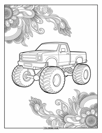 Målarbild med monstertruck för vuxna: En robust monstertruck sitter i mitten av flödande mandalamönster och skapar en konstnärlig komposition