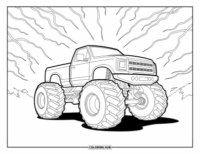 Målarbild med monstertruck för vuxna: En robust monstertruck står stadigt i en storm medan blixtar flammar och vindar virvlar runt den
