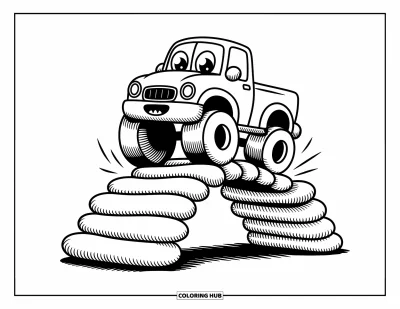 Målarbild med monstertruck för vuxna: En leende monstertruck studsar över en bro gjord av mjuka, fluffiga kuddar