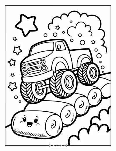 Målarbild med monstertruck för vuxna: En leende monstertruck studsar glatt längs en marshmallowväg, omgiven av fantasifullt glitter