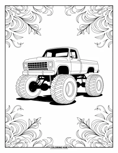 Målarbild med monstertruck för vuxna: En vintage monsterbilsritning visar det detaljerade chassit, fjädringen och massiva däck i tydliga konturer