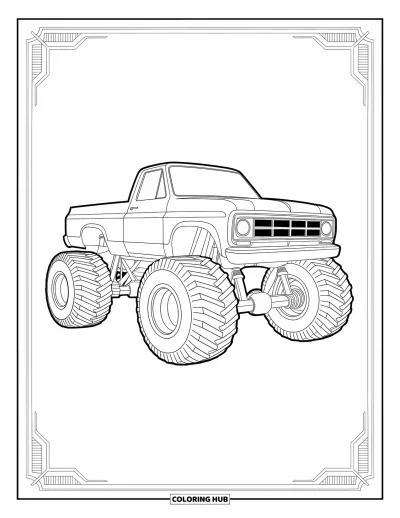 Målarbild med monstertruck för vuxna: En intrikat tecknad monsterbilsritning belyser dess struktur, kugghjul och mekaniska detaljer