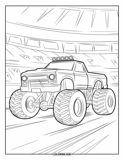 Målarbild med monstertruck för barn: En stridsinspirerad monstertruck med förstärkt ram och vassa strålkastare står hotfullt i en arena