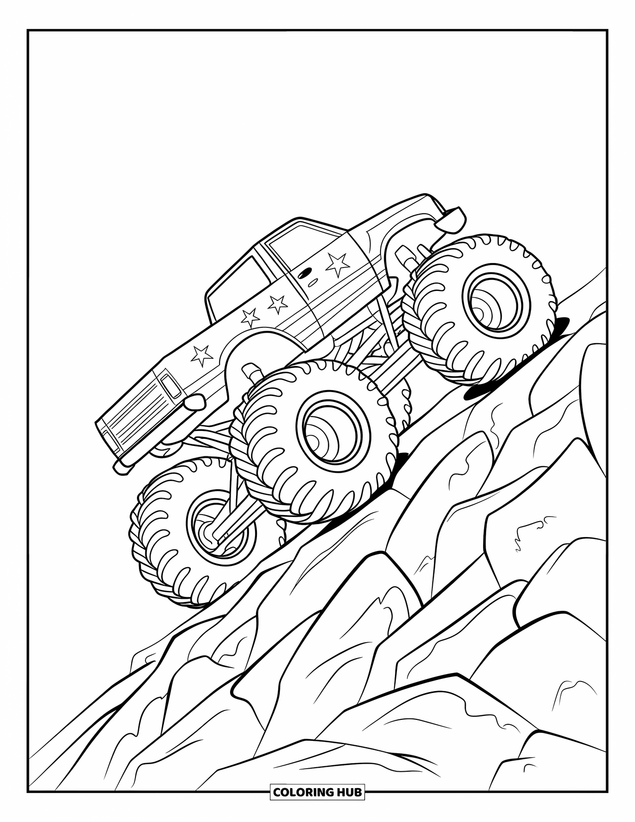 Desenho de caminhão monstro para colorir para crianças: Um caminhão monstro estilo batalha com faróis afiados e uma estrutura resistente está estacionado dentro de uma arena