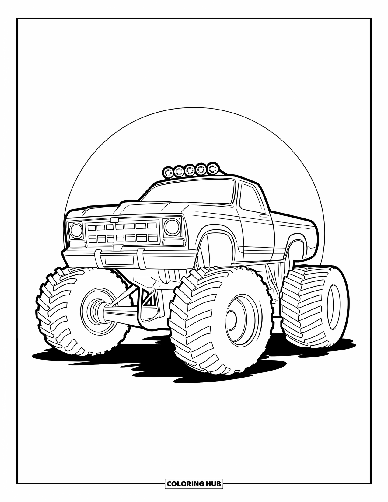 Desenho de caminhão monstro para colorir para crianças: Um caminhão monstro estilo batalha com faróis afiados e uma estrutura resistente está estacionado dentro de uma arena