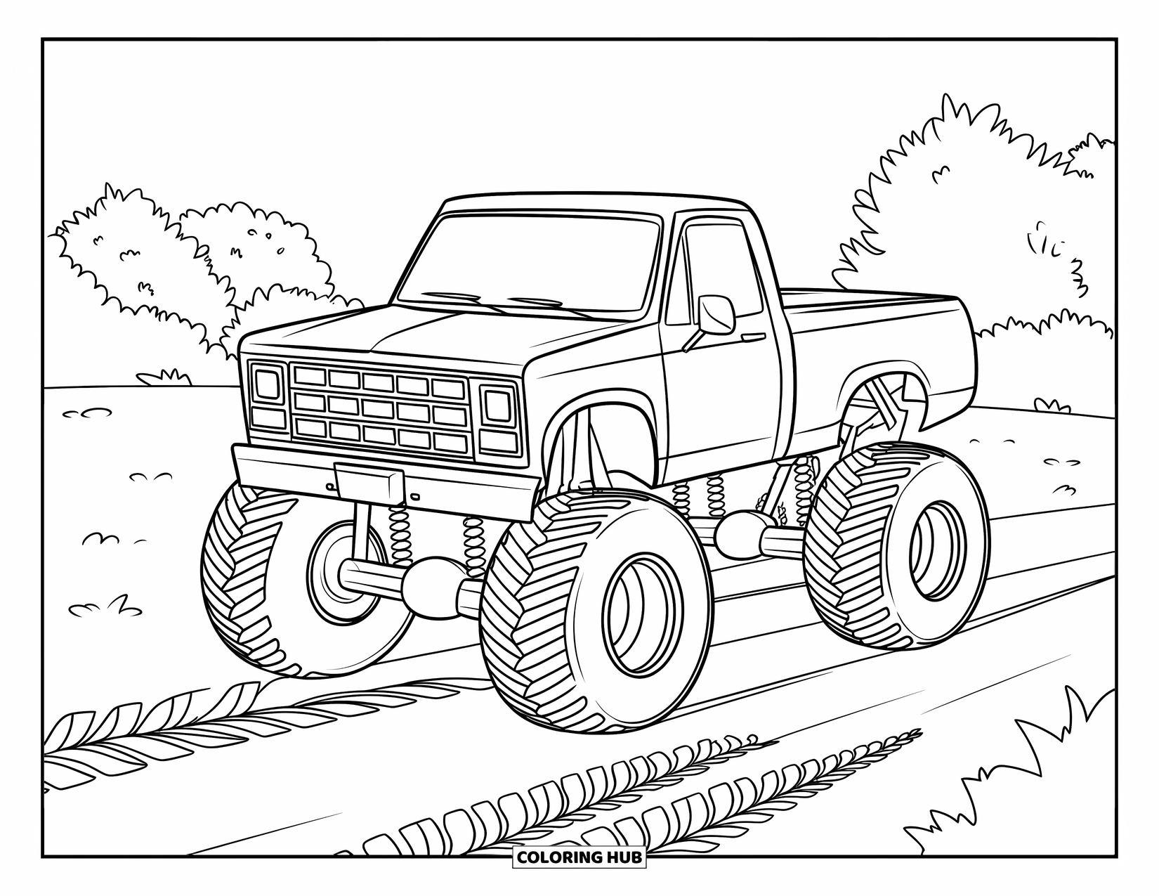 Desenho de caminhão monstro para colorir para crianças: Um caminhão monstro quadrado fica em um campo de terra com rastros de pneus que levam até ele