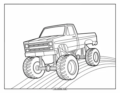 Målarbild med monstertruck för barn: En kantig monstertruck med kraftig fjädring studsar över en regnbåge under en klar himmel