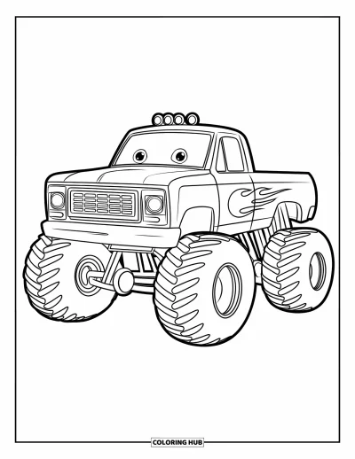 Målarbild med monstertruck för barn: En tecknad monstertruck med kraftfull grill och flamdekor visas från sidan