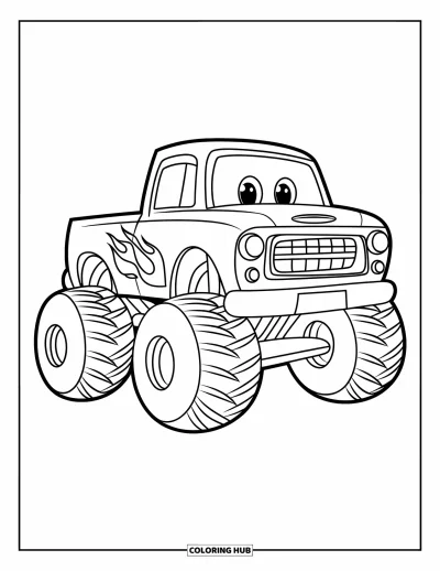 Målarbild med monstertruck för barn: En tecknad monstertruck med stor frontgrill och enkel flamdekor sitter i profil