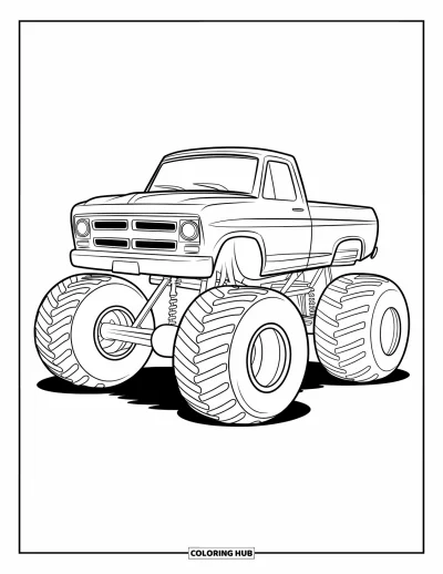 Målarbild med monstertruck för barn: En glad monstertruck med överdimensionerade hjul står parkerad med en enkel och kraftfull design