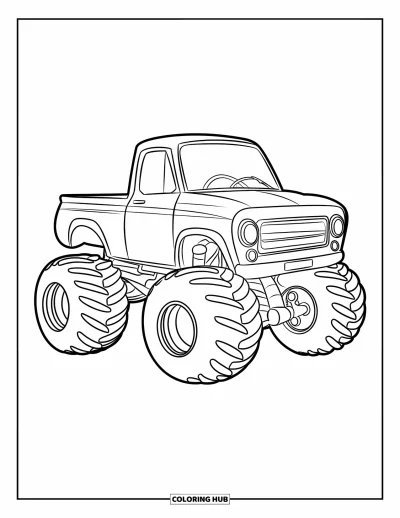 Målarbild med monstertruck för barn: En knubbig monstertruck med extra runda däck sitter på en plan yta utan bakgrundsdetaljer