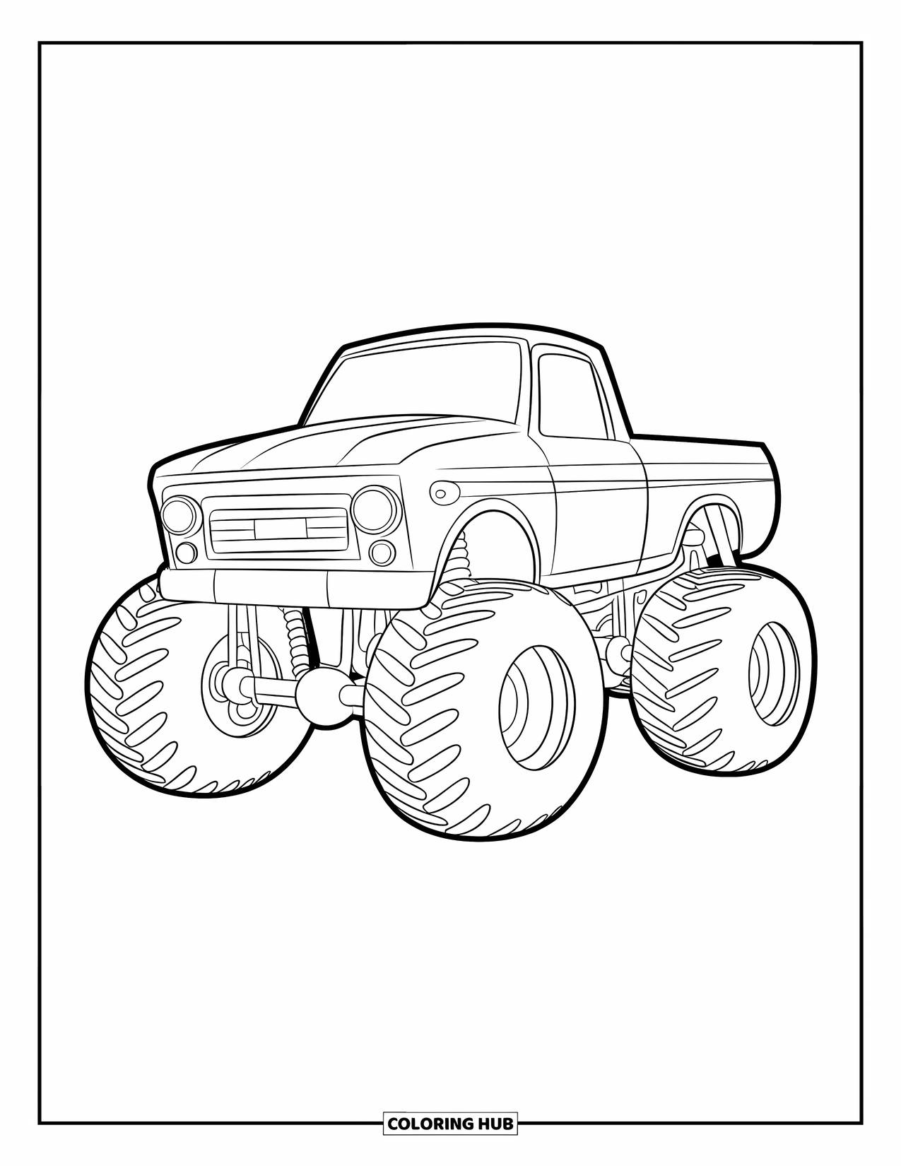 Desenho de caminhão monstro para colorir para crianças: Um caminhão monstro fofo e gordinho com pneus redondos está estacionado em uma superfície aberta